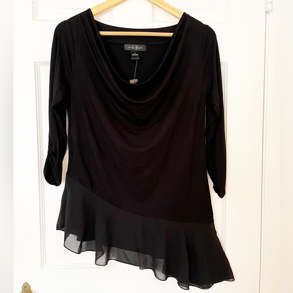 NWT August Silk Black Asymmetrical 3/4 Sleeve Top Size Small Black Evening Top